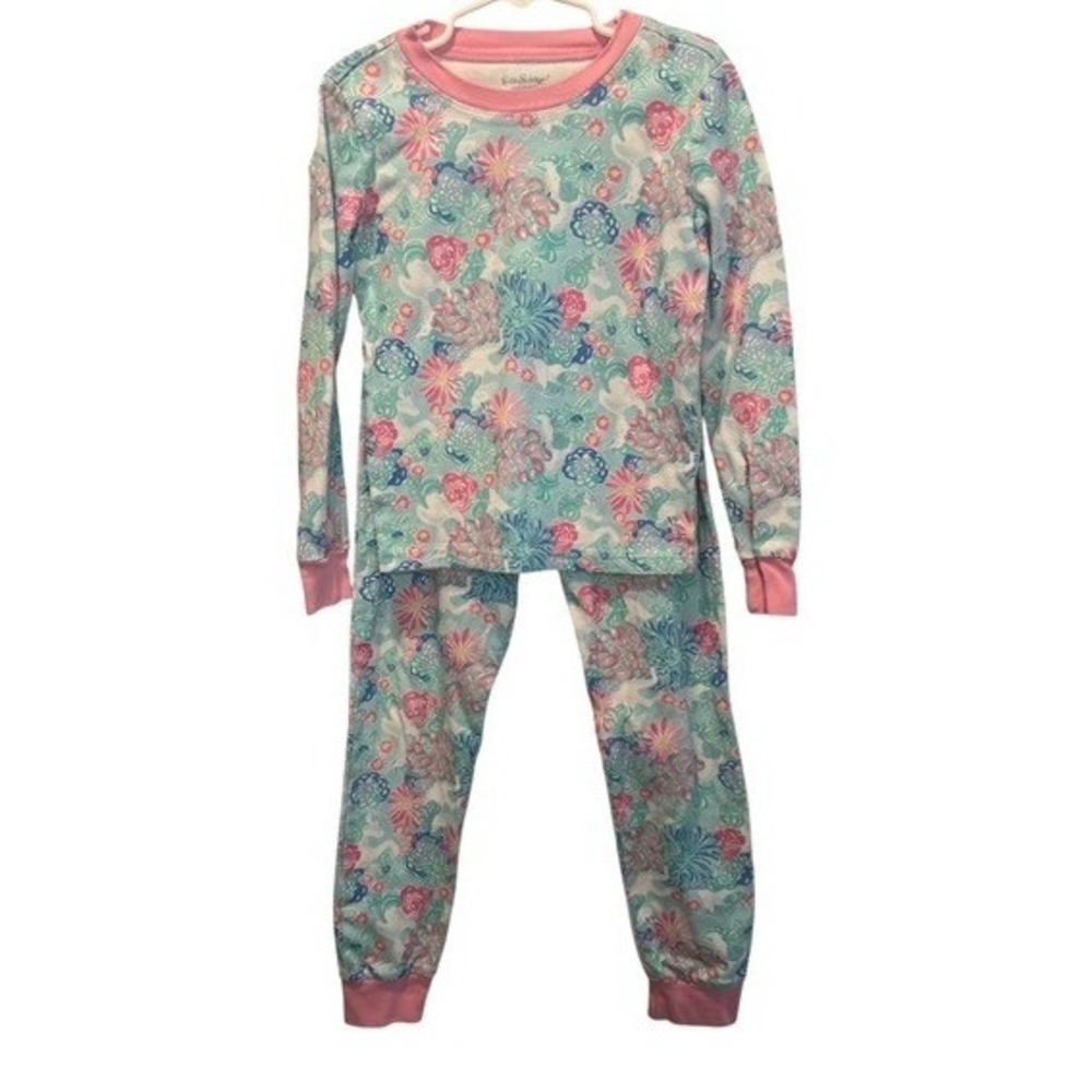 Lilly Pulitzer Pottery Barn Kids Pink Floral Unicorn Organic Cotton Pajama Set 8